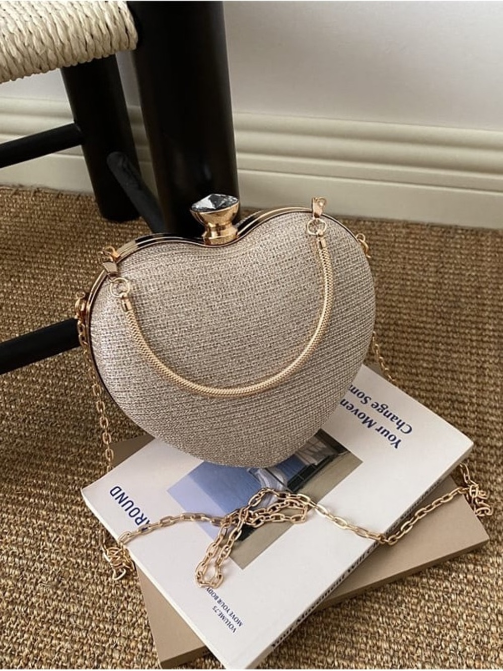 Heart-Shaped Gold-Trim Evening Clutch in Beige